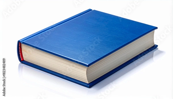 Obraz Closed blue hardcover book angled on white surface with red spine accent and visible page edges.