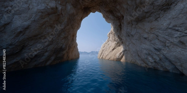 Obraz Rocky sea cave with clear blue water, sunlight streaming through natural archway, and distant mountains under clear sky create peaceful and adventurous atmosphere