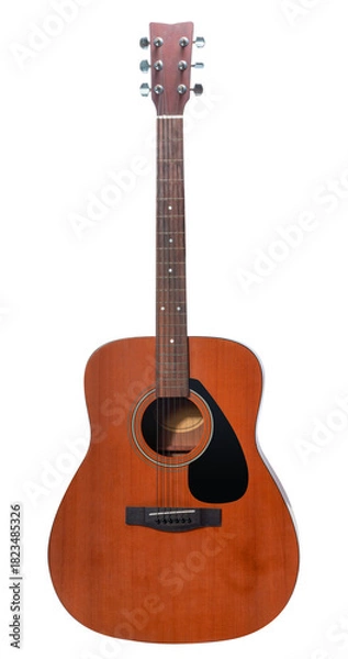 Fototapeta Classic acoustic guitar isolated on white with clipping path, showcasing its wood texture and clean craftsmanship perfect for music-themed content PNG File.