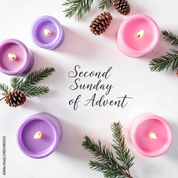 Obraz Four lit candles in pink and purple surrounded by pinecones and evergreen branches on white background