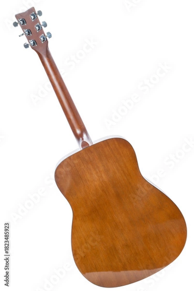 Fototapeta Back side of Classic acoustic guitar isolated on white with clipping path, showcasing its wood texture and clean craftsmanship perfect for music-themed content.