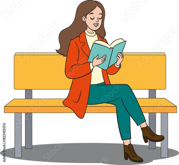 Fototapeta vector illustration of woman sitting on bench reading book
