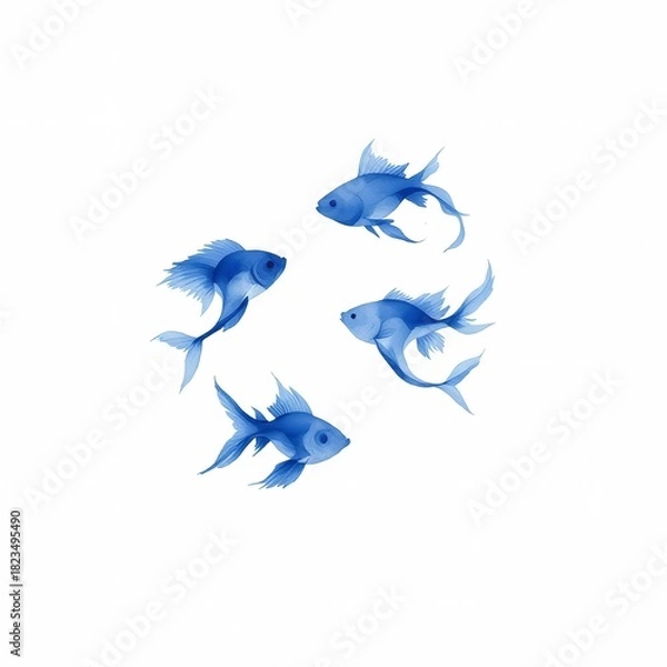 Obraz Four stylized blue watercolor fish arranged in circular pattern with flowing fins on white background
