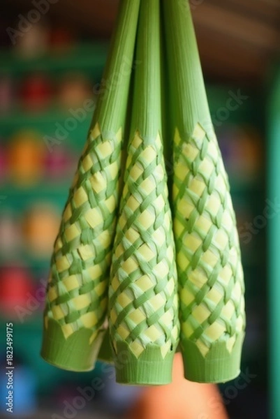 Fototapeta Close up of hanging green palm fronds with intricate scale pattern