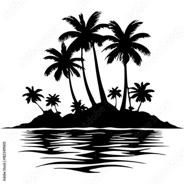 Fototapeta Silhouette of a tropical island with palm trees and water reflection on transparent background