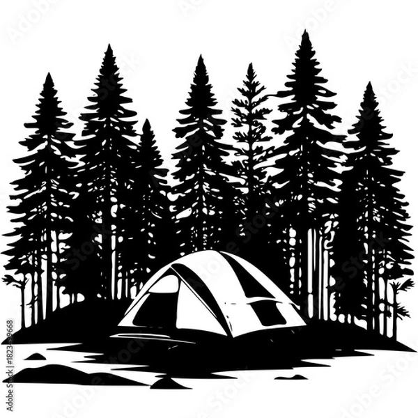Fototapeta A tent is set up in a forest of tall trees in black and white art on transparent background silhouette