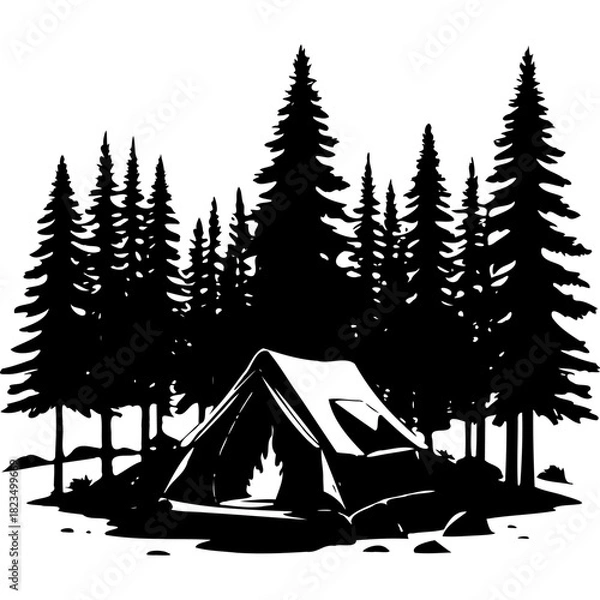 Fototapeta Silhouette of a tent with a fire in the forest of pine trees on transparent background