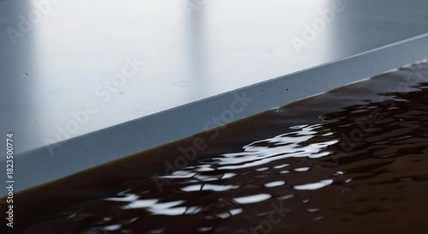 Obraz テーブル上の水溜まり：光沢のある表面に広がる液体の抽象的な表現