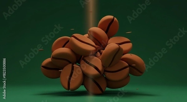 Obraz 緑背景に浮かぶコーヒー豆の立体的な集合体と上からの光