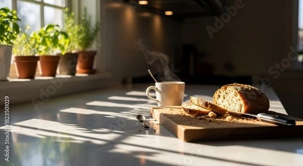Obraz 日差しが差し込むキッチンでパンと温かい飲み物を楽しむ穏やかな朝