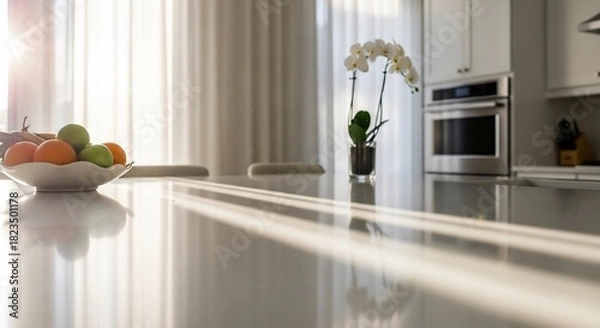 Obraz 明るいキッチン：果物、花、自然光が差し込む快適な空間の静物写真