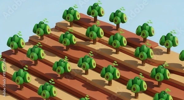 Obraz 多数のアボカドの木が並ぶ段々畑の穏やかな風景イラスト