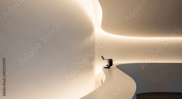 Obraz 白い壁と曲線のデザインが特徴的な現代建築内部空間、間接照明が柔らかい光を演出