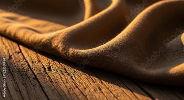 Obraz 木の板に置かれた柔らかいベージュ色の布が、夕日の光を浴びて穏やかな雰囲気。