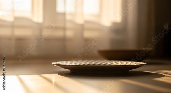 Obraz 穏やかな日差しの中、静かに佇む皿と木製のボウル