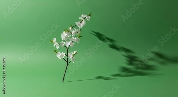 Obraz 鮮やかな緑背景に白い花が咲く枝の美しい影が印象的な写真