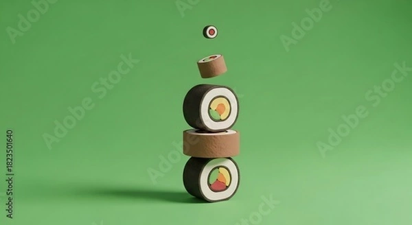 Obraz 緑背景に積み重ねられた寿司を模した可愛らしいオブジェクト