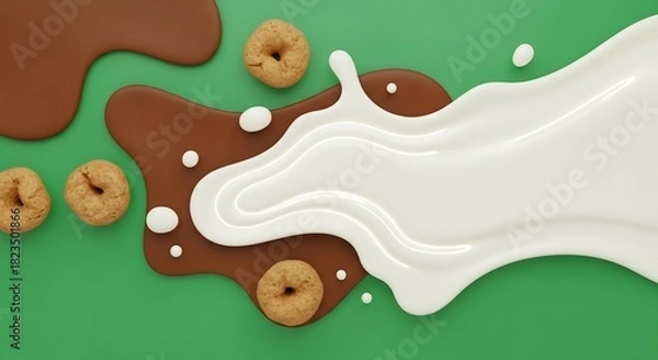 Obraz 緑背景に広がるミルクとチョコレート、ミニドーナツが並んだ可愛らしいイラスト
