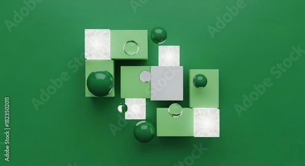 Obraz 緑色の背景に配置された幾何学的な立方体と球体の抽象的な構成