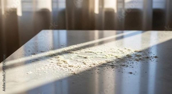 Obraz 日光が差し込む室内で粉末状のものが散らばった白いテーブルのクローズアップ写真