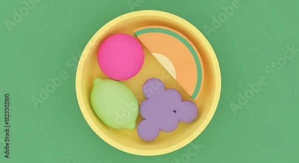 Obraz 黄色い皿の上のカラフルな果物の静物写真、明るい背景