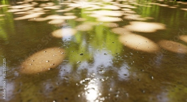 Obraz 水面に映る木漏れ日の美しい反射、穏やかな自然風景のイメージ