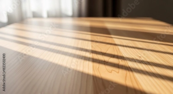 Obraz 窓から差し込む光が木製テーブルを照らす穏やかな朝の風景