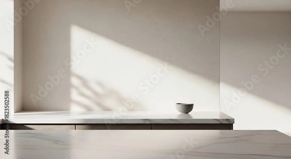 Obraz 白い壁に差し込む光と静かなキッチンカウンター上の小さな器
