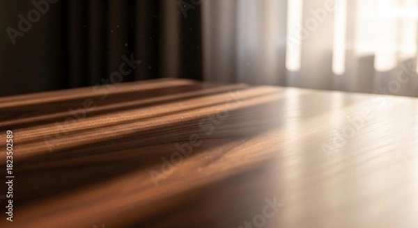 Obraz 窓から差し込む光が美しい木製テーブルの穏やかな風景