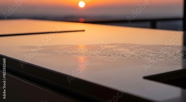 Obraz 夕焼け空を背景にしたテーブルの表面に反射する光が美しい風景