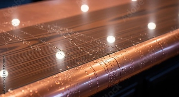 Obraz 光沢ある木製カウンターに散らばる水滴、反射する光が美しい静止写真