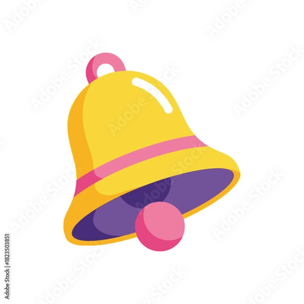 Fototapeta Isolated cartoon yellow bell with pink stripe and clapper, isolated on white background, graphic element, notification symbol