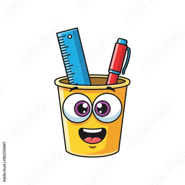 Obraz Cute cartoon yellow pencil holder with a ruler and pen, smiling with big eyes, isolated on white background, educational supplies