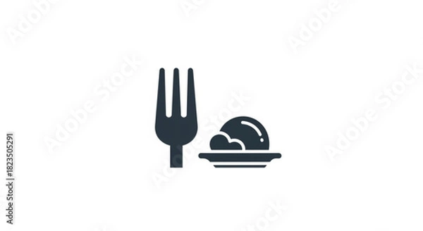 Obraz Simple dark silhouette icon representing a meal or dining, featuring a fork next to a small plate with food