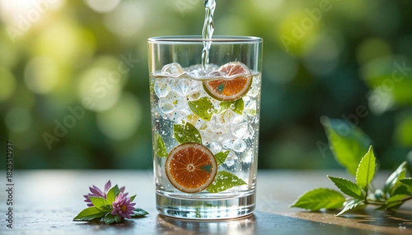 Fototapeta A clear glass being filled with fresh water lifestyle and hydration microphone with sound waves a compelling image for audio recording