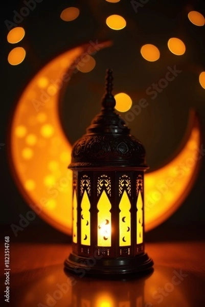 Fototapeta Traditional ramadan lantern casting warm light against a crescent moon backdrop