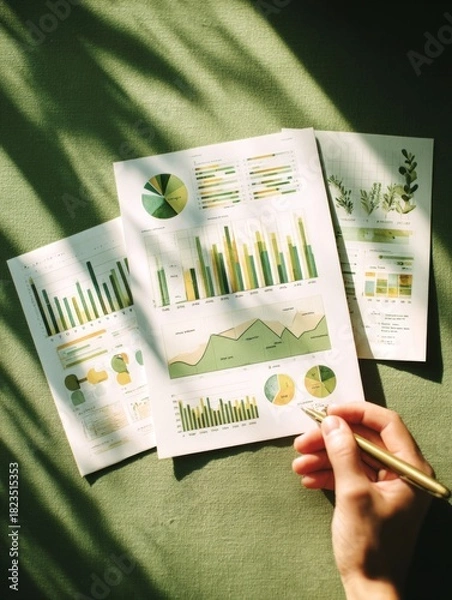 Obraz Hand analyzing environmental data on charts and reports
