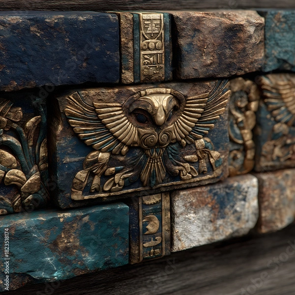 Obraz Detailed ancient carved stone wall with ornate golden owl relief, weathered textures, mystical symbols and rich blue patina, high-resolution archaeological decorative artifact close-up
