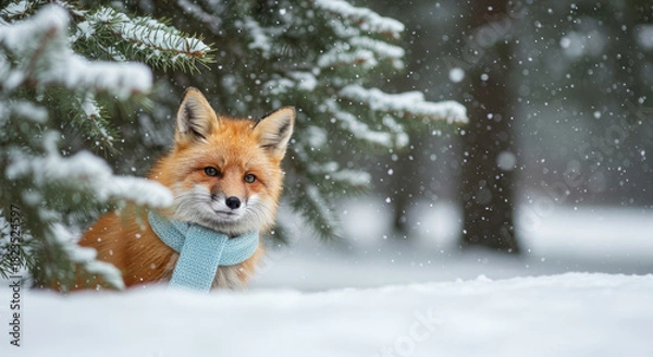 Obraz Brown Fox Peeking from behind Tree in Snowy Woods.
