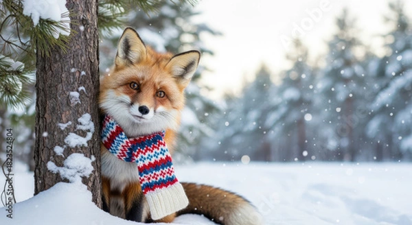 Obraz Cute Brown Fox Wearing a Scarf in Winter Forest.