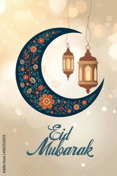 Fototapeta Ornate crescent moon and lanterns with eid mubarak greeting