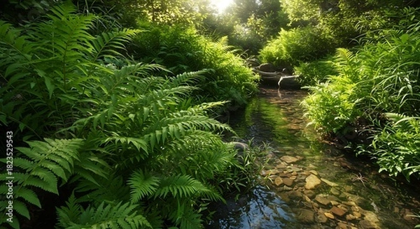 Fototapeta Lush forest scene. Sunlit stream flows through dense green foliage. Tranquil natural setting