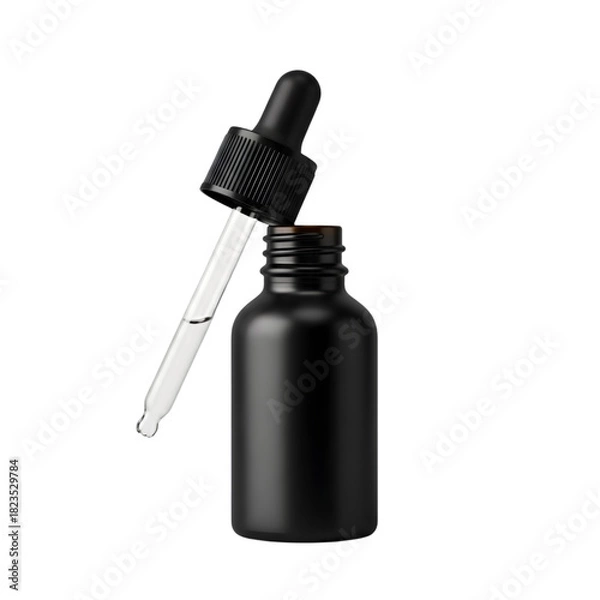 Fototapeta Black Matte Dropper Bottle with Glass Pipette Isolated on White Background