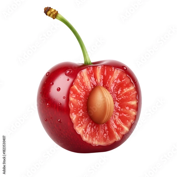 Fototapeta Fresh Red Cherry Cut in Half with Visible Pit and Juicy Flesh – Close-Up Isolated on White