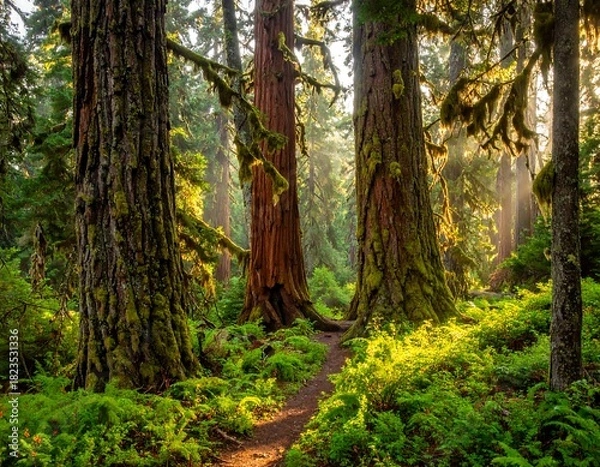 Fototapeta Lush forest scene with tall trees, sunlight filtering through, and a path leading into the depths
