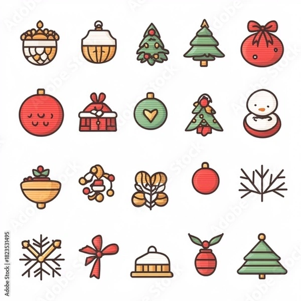 Fototapeta pastel holiday symbols in thin lines korean style, white background