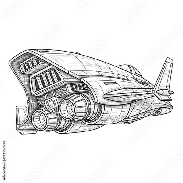 Fototapeta Futuristic Sci-Fi Spaceship Fighter with Massive Rear Engines – Line Art Illustration