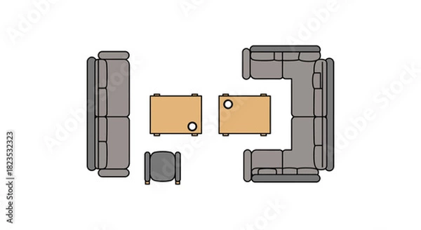 Fototapeta living room layout plan with sofas and coffee tables showcasing interior design and furniture arrangement for home decor inspiration and spatial planning.