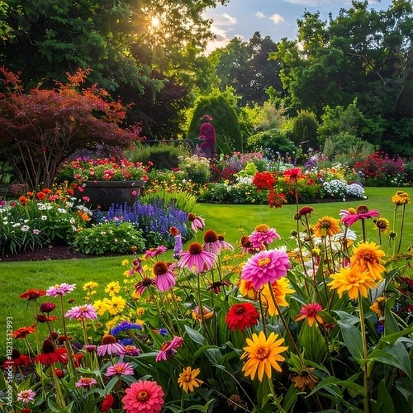 Fototapeta Lush garden brimming with diverse flowers basking in warm sunlight