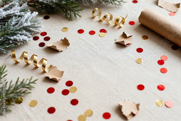 Fototapeta Minimalist after-Christmas flat lay featuring scattered red and gold confetti, curled ribbons, torn wrapping paper pieces on beige linen with copy space for greeting